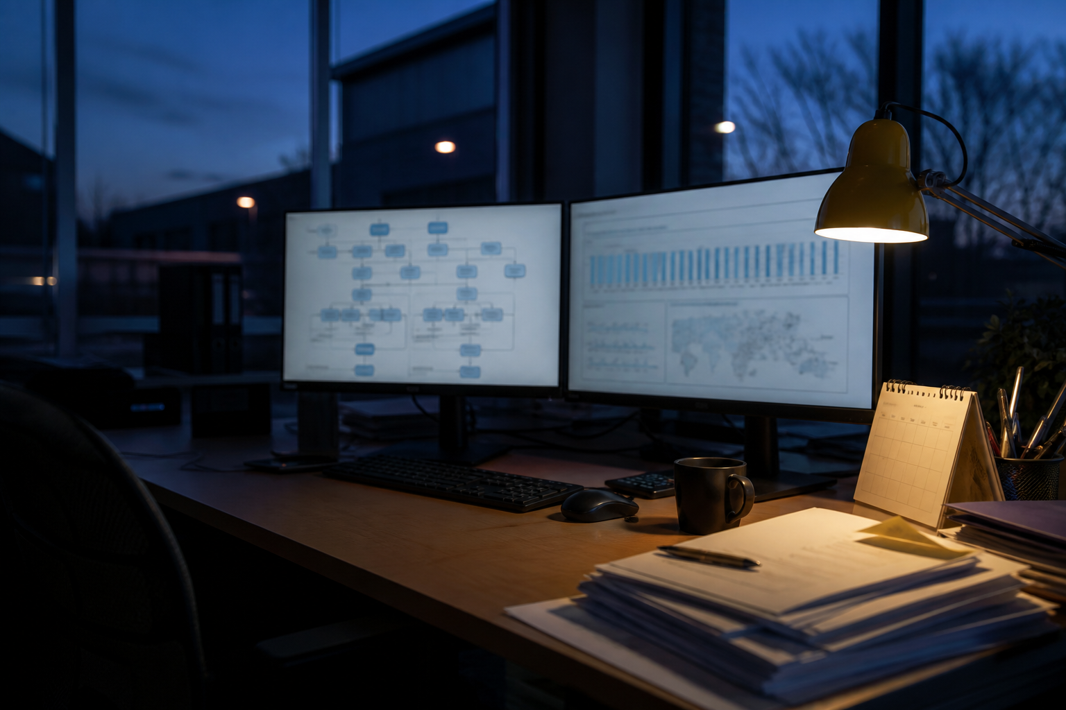 Bureau met twee schermen waarop workflow-overzichten staan