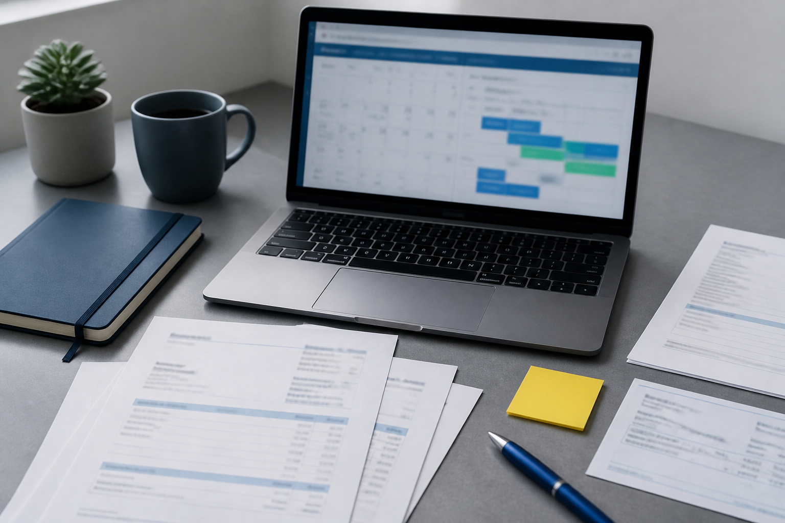 Bureau met kalender, documenten en notities voor bookingwerk