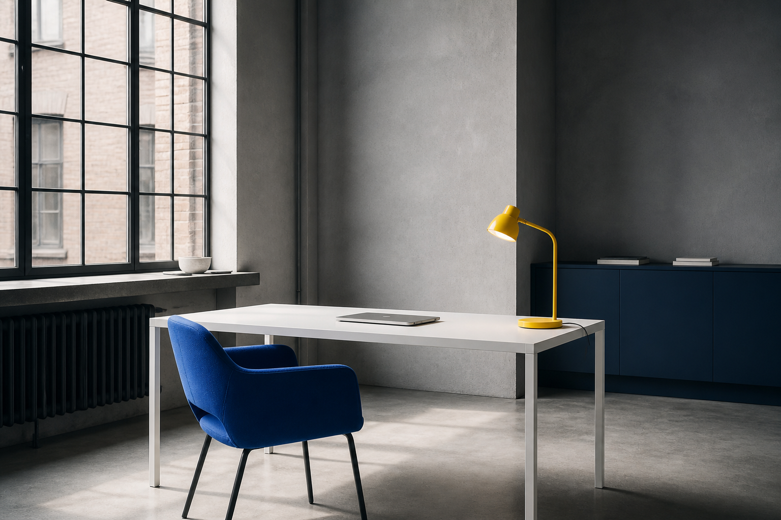 Rustige studio met kobaltblauwe stoel en gele lamp